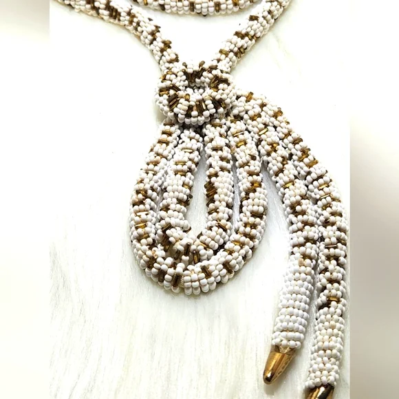 Vintage White and Gold Tone Beaded Braided Necklace Extra Long 21" L - Picture 3 of 5